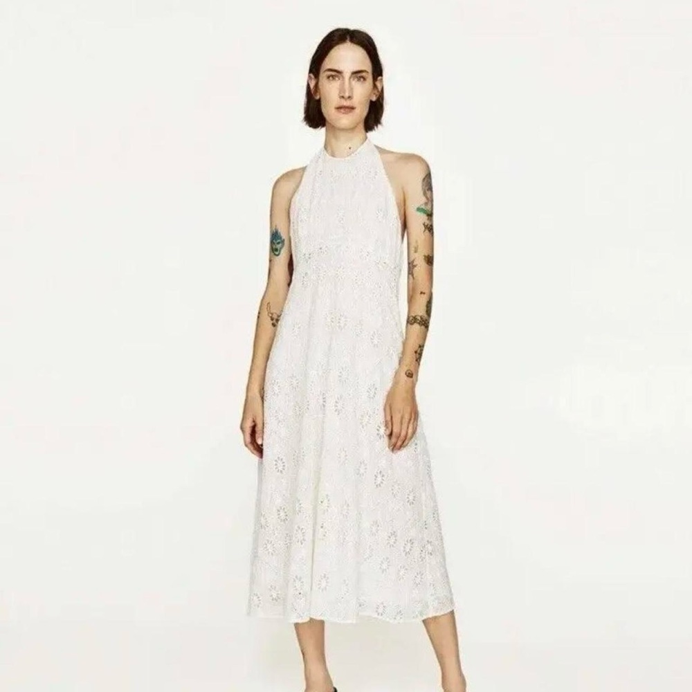 🕊️✨ ZARA White Eyelet Halter Midi Dress ✨🌿 - Picture 9 of 13